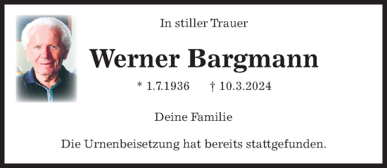 Traueranzeige von Werner Bargmann von Hannoversche Allgemeine Zeitung/Neue Presse