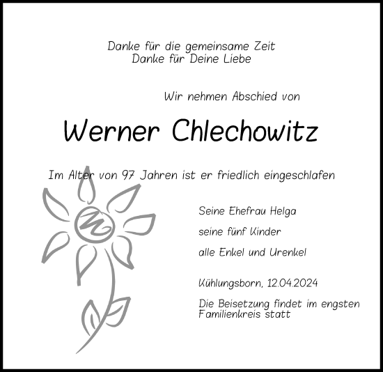 Traueranzeige von Werner Chlechowitz von Ostsee-Zeitung GmbH
