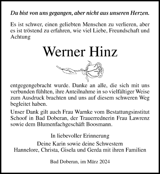 Traueranzeige von Werner Hinz von Ostsee-Zeitung GmbH