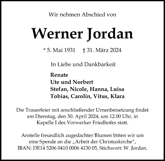 Traueranzeige von Werner Jordan von Lübecker Nachrichten