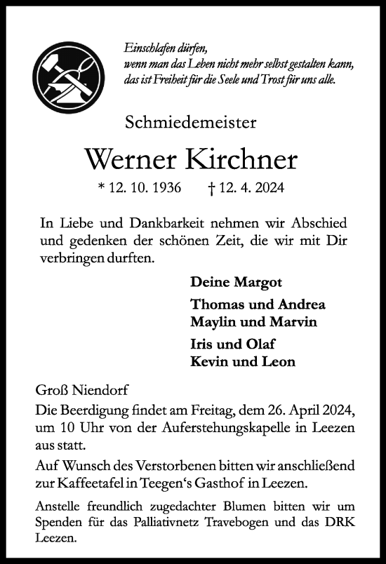 Traueranzeige von Werner Kirchner von Kieler Nachrichten