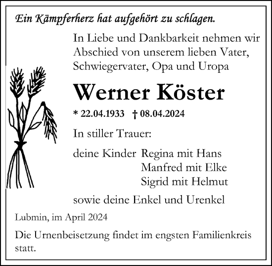 Traueranzeige von Werner Köster von Ostsee-Zeitung GmbH