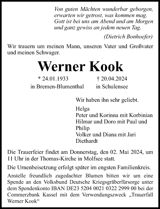Traueranzeige von Werner Kook von Kieler Nachrichten