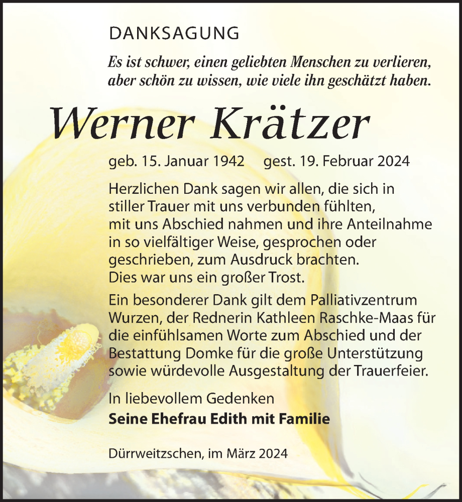  Traueranzeige für Werner Krätzer vom 20.04.2024 aus Leipziger Volkszeitung