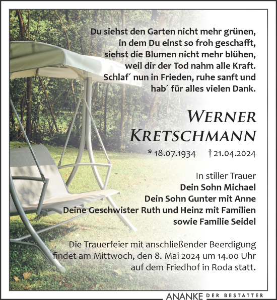 Traueranzeige von Werner Kretschmann von Leipziger Volkszeitung