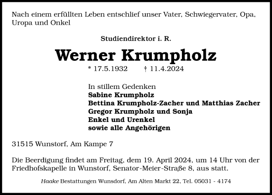 Traueranzeige von Werner Krumpholz von Hannoversche Allgemeine Zeitung/Neue Presse