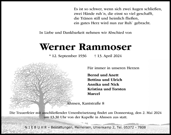 Traueranzeige von Werner Rammoser von Aller Zeitung