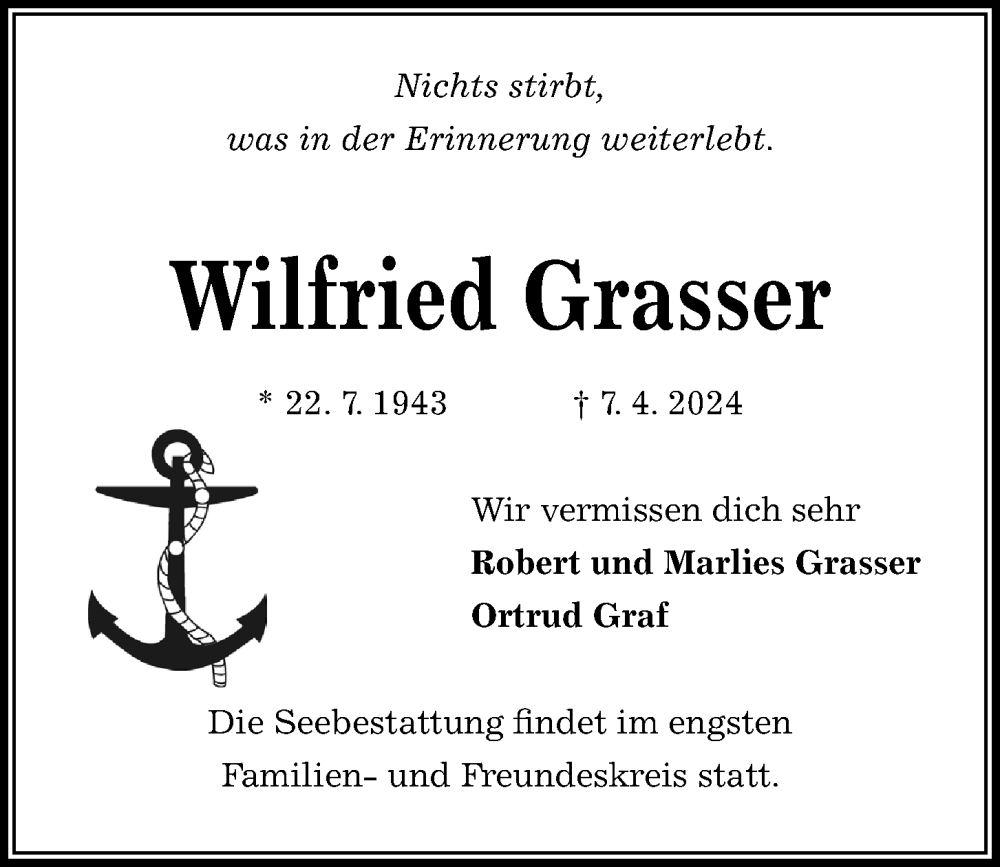  Traueranzeige für Wilfried Grasser vom 13.04.2024 aus Kieler Nachrichten