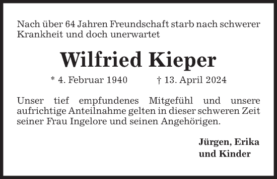 Traueranzeige von Wilfried Kieper von Kieler Nachrichten