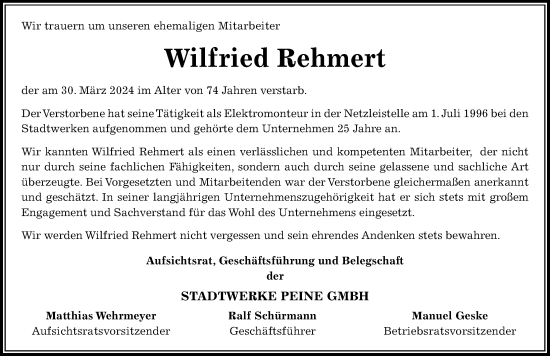 Traueranzeige von Wilfried Rehmert von Peiner Allgemeine Zeitung