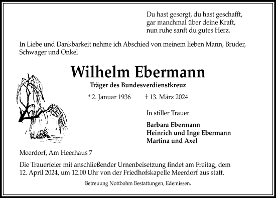 Traueranzeige von Wilhelm Ebermann von Peiner Allgemeine Zeitung