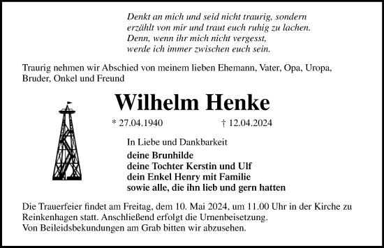 Traueranzeige von Wilhelm Henke von Ostsee-Zeitung GmbH