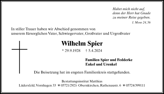Traueranzeige von Wilhelm Spier von Schaumburger Nachrichten