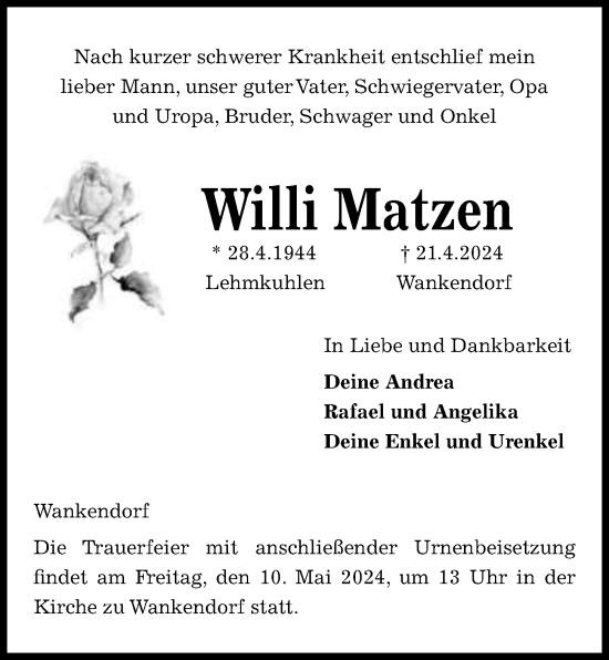 Traueranzeige von Willi Matzen von Kieler Nachrichten