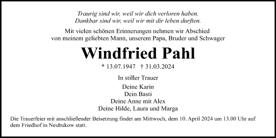 Traueranzeige von Windfried Pahl von Ostsee-Zeitung GmbH