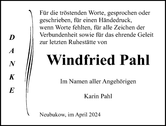 Traueranzeige von Windfried Pahl von Ostsee-Zeitung GmbH