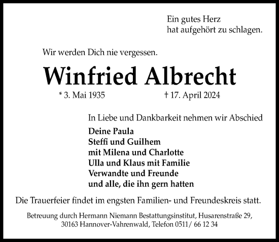 Traueranzeige von Winfried Albrecht von Hannoversche Allgemeine Zeitung/Neue Presse