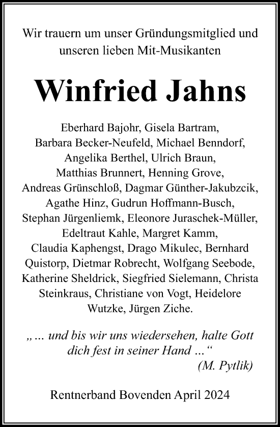 Traueranzeige von Winfried Jahns von Göttinger Tageblatt