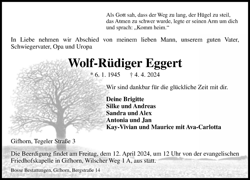 Traueranzeige für Wolf-Rüdiger Eggert vom 06.04.2024 aus Aller Zeitung