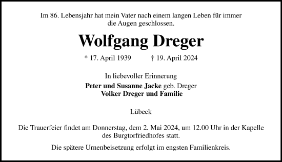 Traueranzeige von Wolfgang Dreger von Lübecker Nachrichten