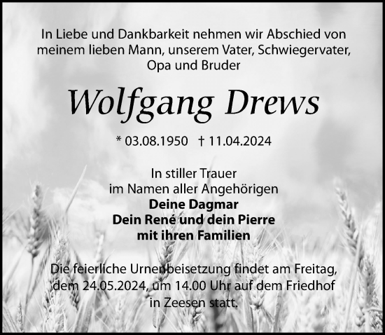Traueranzeige von Wolfgang Drews von Märkischen Allgemeine Zeitung