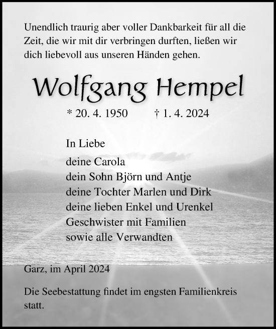 Traueranzeige von Wolfgang Hempel von Ostsee-Zeitung GmbH