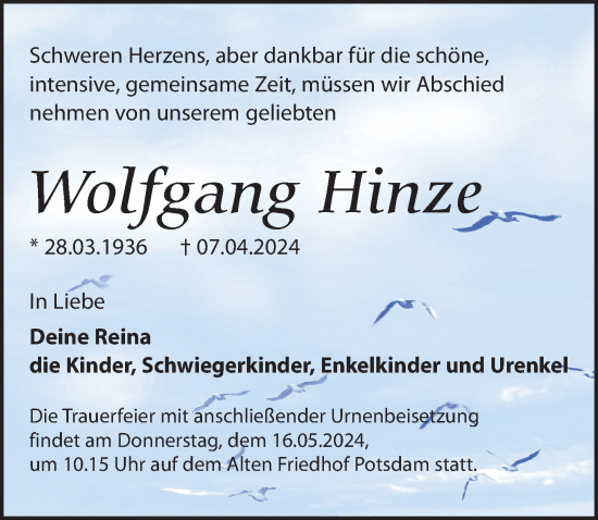 Traueranzeige von Wolfgang Hinze von Märkischen Allgemeine Zeitung