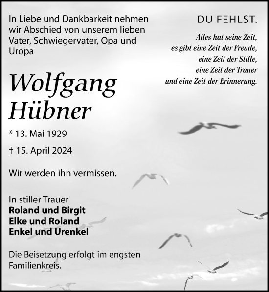 Traueranzeige von Wolfgang Hübner von Leipziger Volkszeitung