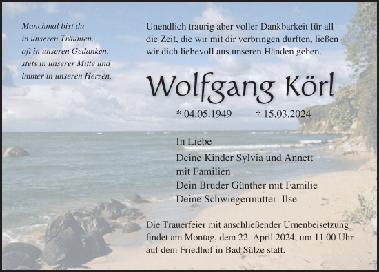 Traueranzeige von Wolfgang Körl von Ostsee-Zeitung GmbH