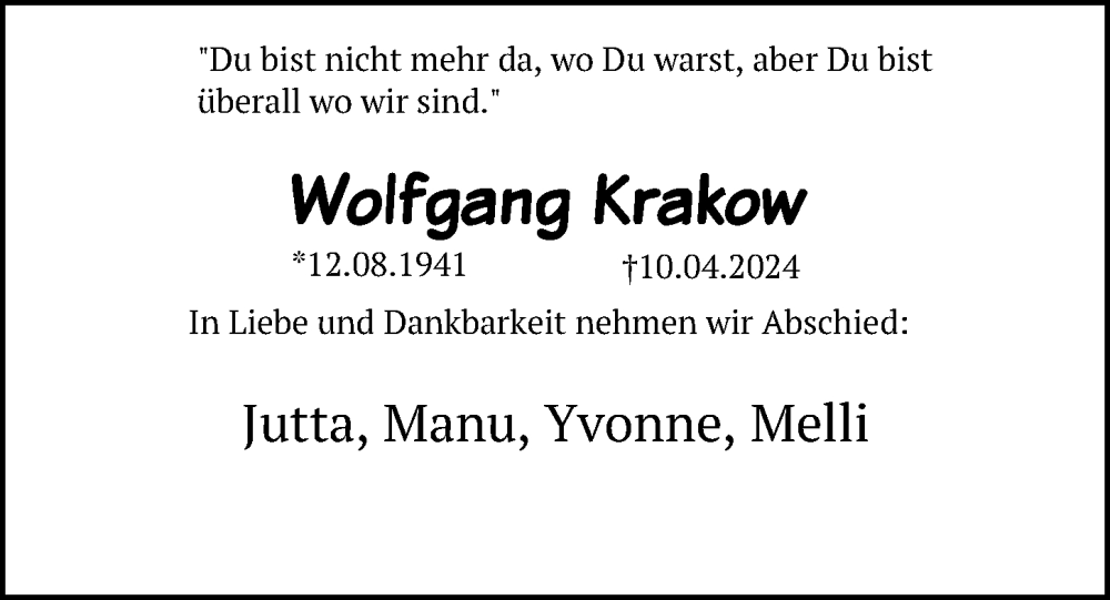  Traueranzeige für Wolfgang Krakow vom 13.04.2024 aus Kieler Nachrichten