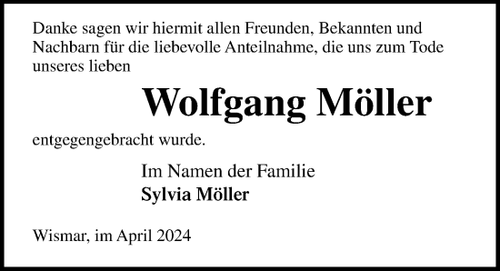 Traueranzeige von Wolfgang Möller von Ostsee-Zeitung GmbH