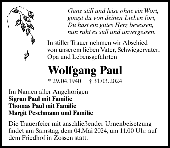 Traueranzeige von Wolfgang Paul von Märkischen Allgemeine Zeitung