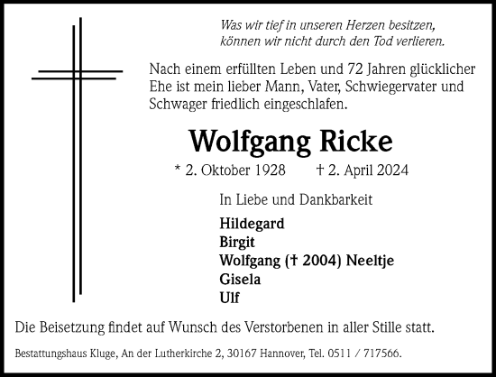 Traueranzeige von Wolfgang Ricke von Hannoversche Allgemeine Zeitung/Neue Presse