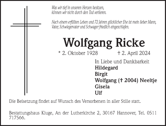 Traueranzeige von Wolfgang Ricke von Hannoversche Allgemeine Zeitung/Neue Presse