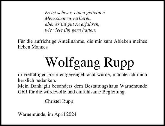 Traueranzeige von Wolfgang Rupp von Ostsee-Zeitung GmbH