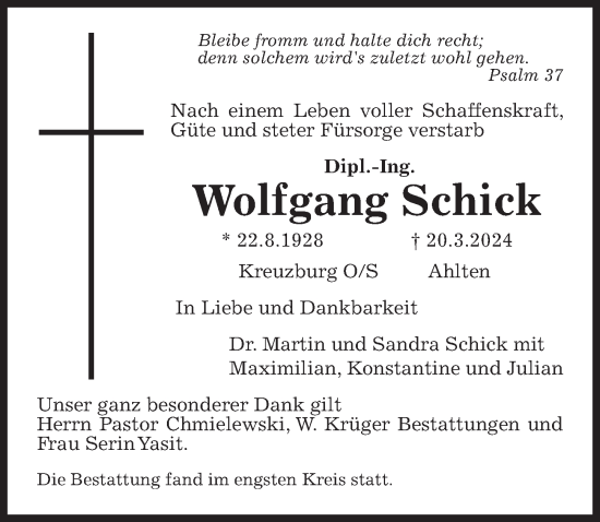 Traueranzeige von Wolfgang Schick von Hannoversche Allgemeine Zeitung/Neue Presse