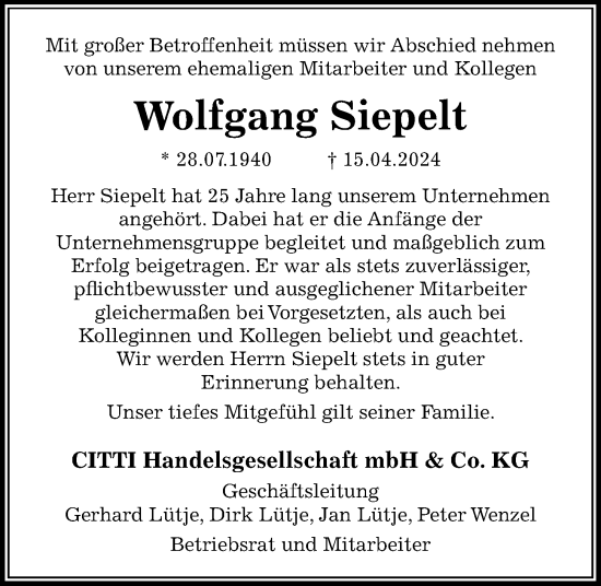 Traueranzeige von Wolfgang Siepelt von Kieler Nachrichten