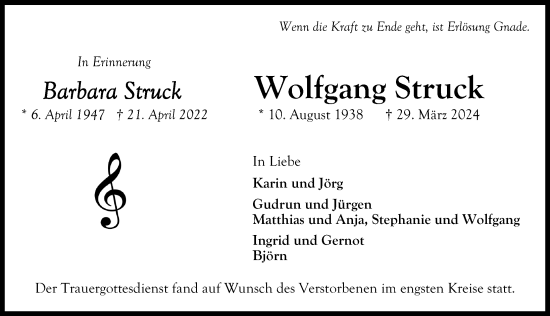 Traueranzeige von Wolfgang Struck von Lübecker Nachrichten