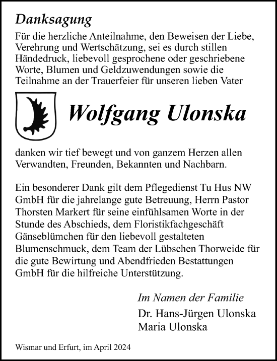 Traueranzeige von Wolfgang Ulonska von Ostsee-Zeitung GmbH