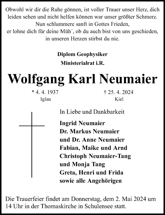 Traueranzeige von Wolfgang Karl Neumaier von Kieler Nachrichten