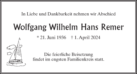 Traueranzeige von Wolfgang Wilhelm Hans Remer von Märkischen Allgemeine Zeitung