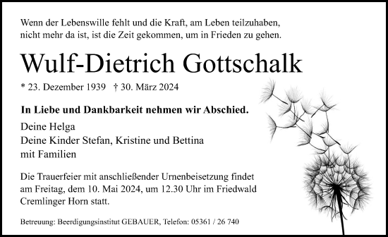 Traueranzeige von Wulf-Dietrich Gottschalk von Aller Zeitung