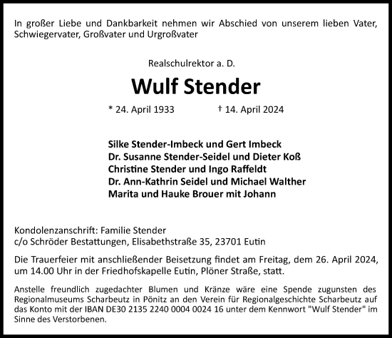 Traueranzeige von Wulf Stender von Lübecker Nachrichten