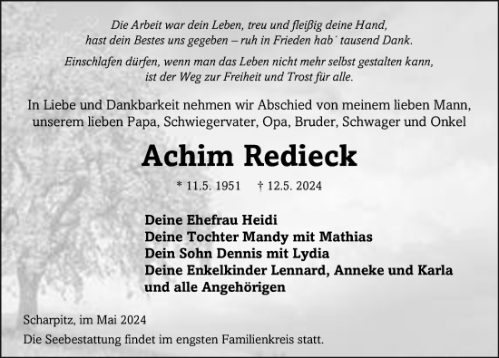 Traueranzeige von Achim Redieck von Ostsee-Zeitung GmbH