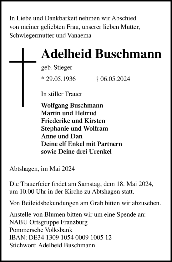 Traueranzeige von Adelheid Buschmann von Ostsee-Zeitung GmbH