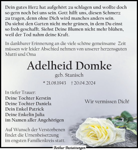 Traueranzeige von Adelheid Domke von Leipziger Volkszeitung
