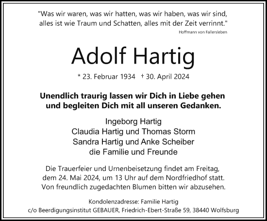Traueranzeige von Adolf Hartig von Aller Zeitung