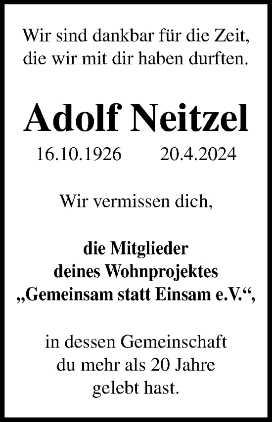 Traueranzeige von Adolf Neitzel von Hannoversche Allgemeine Zeitung/Neue Presse