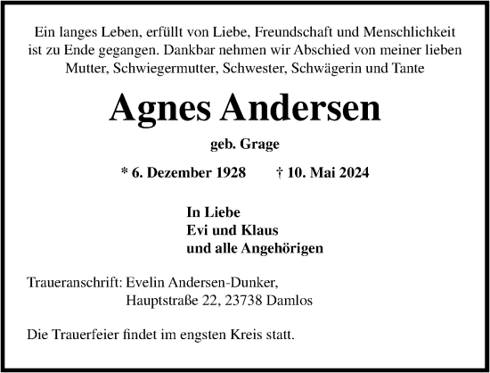Traueranzeige von Agnes Andersen von Lübecker Nachrichten
