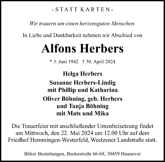 Traueranzeige von Alfons Herbers von Hannoversche Allgemeine Zeitung/Neue Presse